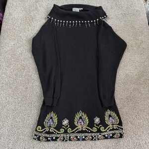 Vintage Ashley Hill Sweater Dress Womens Large Black Beaded Turtleneck Party